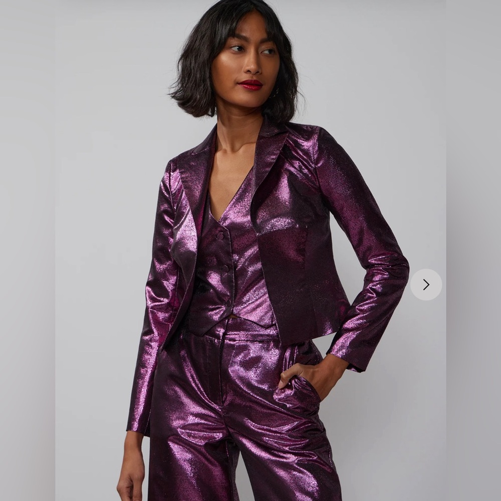 Metallic purple jacket, vest and pant set